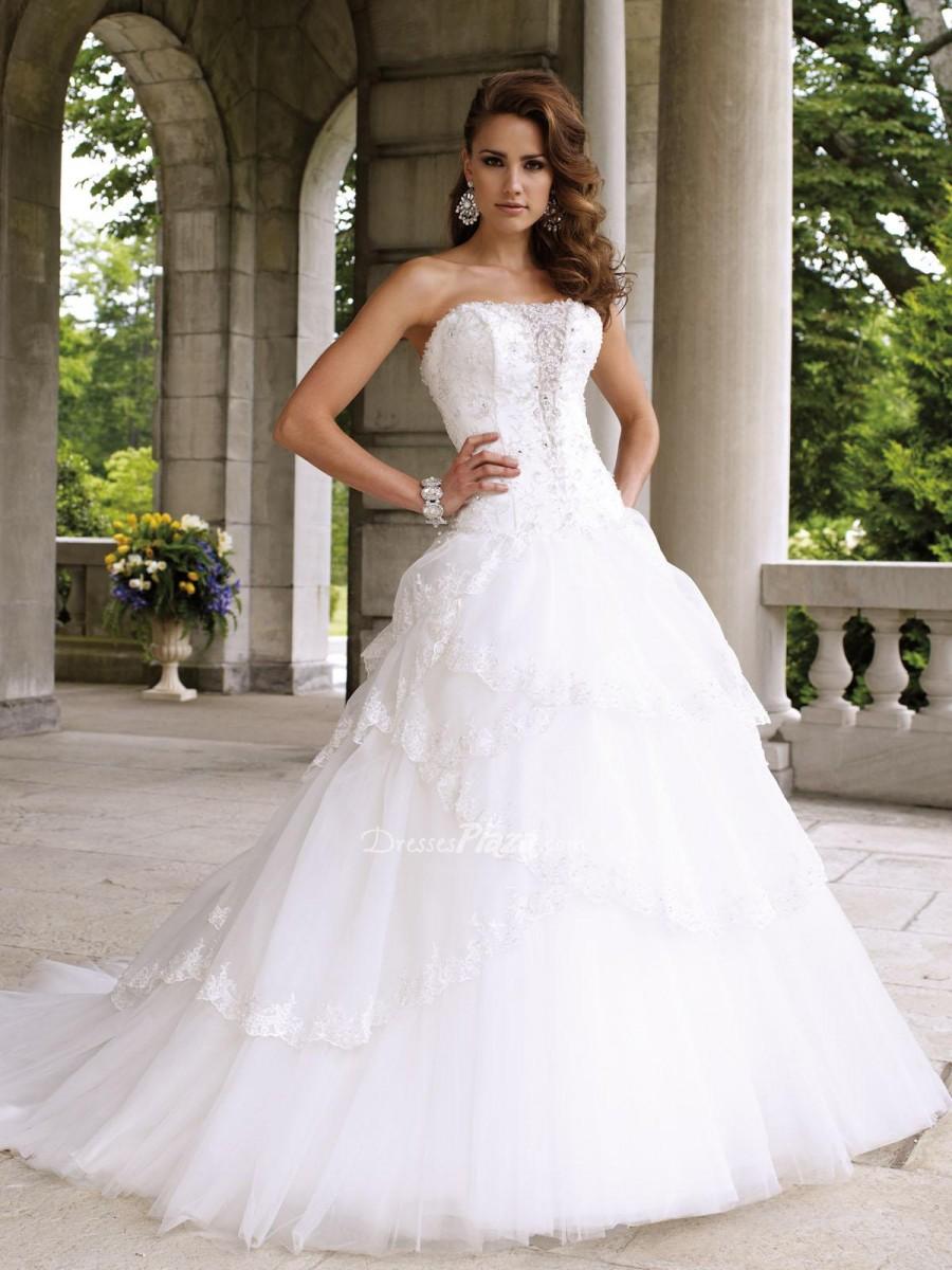 Wedding - Strapless Winter Ball Gown Beaded Lace Bodice Multi-tiered Scalloped Hem Skirt Wedding Dress