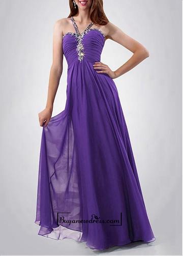 Wedding - Attractive Chiffon A-line V-neck Ruched Bodice Floor Length Cutout Prom Dress