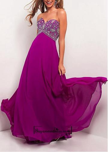 Wedding - Attractive Chiffon Sheath Empire Waist Strapless Sweetheart Full Length Evening Gown With Beadings and Manmade Diamonds