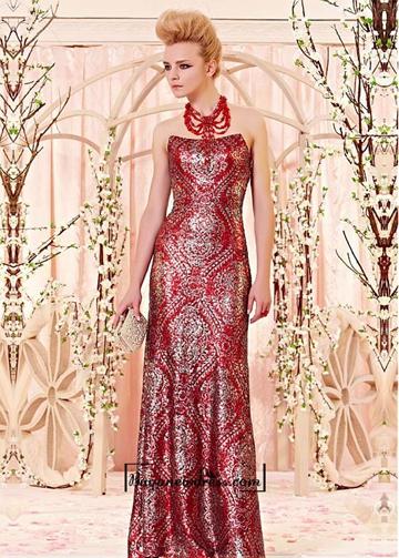 Свадьба - Attractive Sequins Tulle & Satin Sheath Strapless Neckline Prom Dress With Beadings
