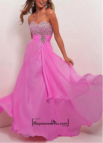 Mariage - Attractive Silk-like Chiffon Sheath Strapless Sweetheart Empire Waist Beaded Full Length Prom Gown