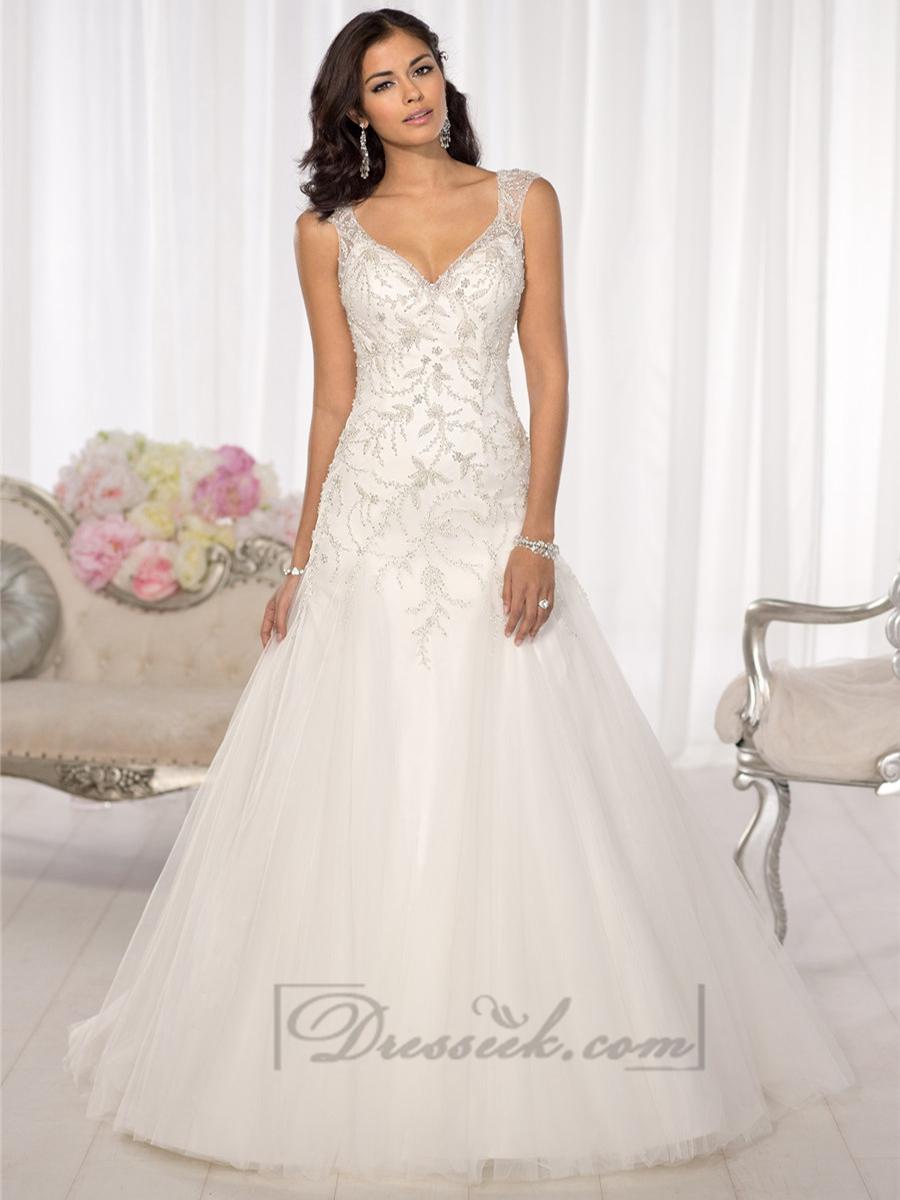 Hochzeit - Elegant Beaded Cap Sleeves Sweetheart Embellished Wedding Dresses with Low V-back