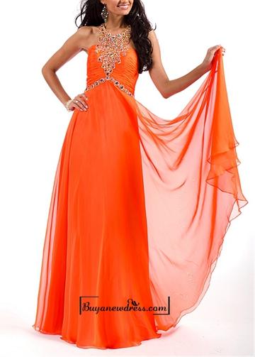Wedding - Beautiful Chiffon A-line Jewel Neckline Ruched Bodice Full Length Evening Gown With Beadings