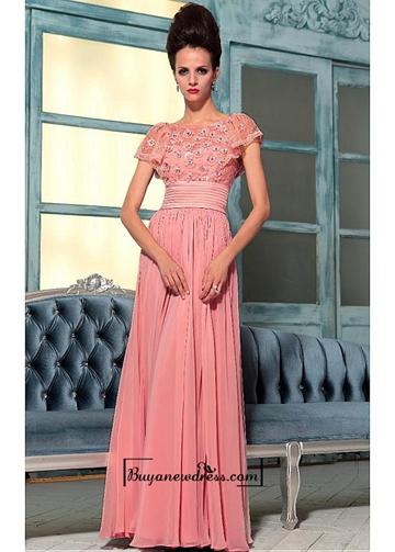Wedding - A-line Bateau Neckline Natural Waist Cap Sleeves Full Length Beaded Evening Gown With Flowers