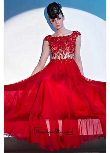 Hochzeit - A-line Bateau Neckline Natural Waist Red Evening Dress With Cap Sleeve and Flower Overlay Bodice