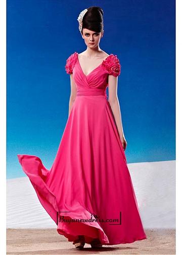 Hochzeit - A-line Chiffon Empire Waist Full Length Prom Dress With Flower Cap-sleeve