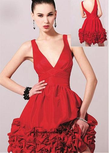 زفاف - A-line Deep-v Neck Short Taffeta Red Prom Dress