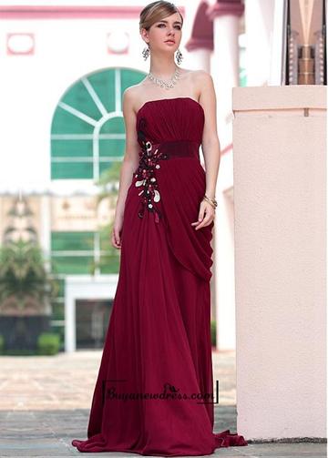 Hochzeit - A-line Strapless Full Length Dark Red Beaded Evening Dress With Embroidery And Pleat