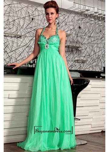 Hochzeit - Alluring A-line Halter Neckline Raised Waist Ruffle Green Full Length Party Gown with Beadings