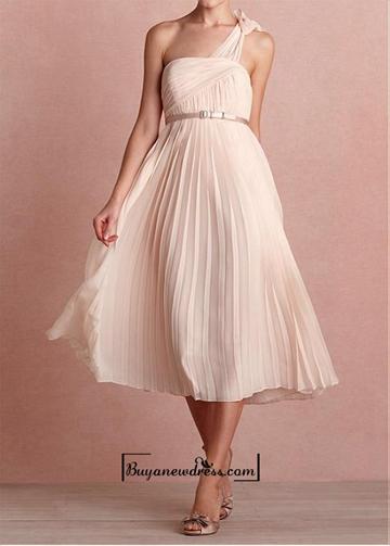 زفاف - Alluring Chiffon & Stretch Satin A-line One Shoulder Neckline Raised Waist Tea-length Party Dress with Decorative Button