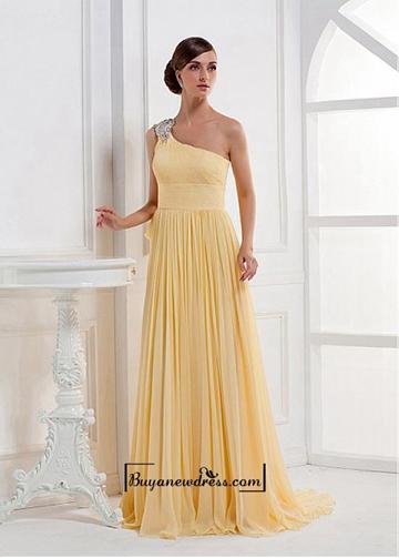 Mariage - Alluring Chiffon A-line Embroidery Beaded One Shoulder Sleeve Floor Length Evening Dress
