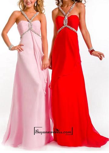 زفاف - Alluring Chiffon A-line Empire Waist V-neck Full Length Beaded Prom Dress