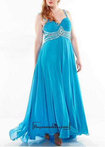 Hochzeit - Alluring Chiffon A-line Sweetheart Beaded Shoulder Strap Empire Waist Plus Size Ruched Evening Dress With Train