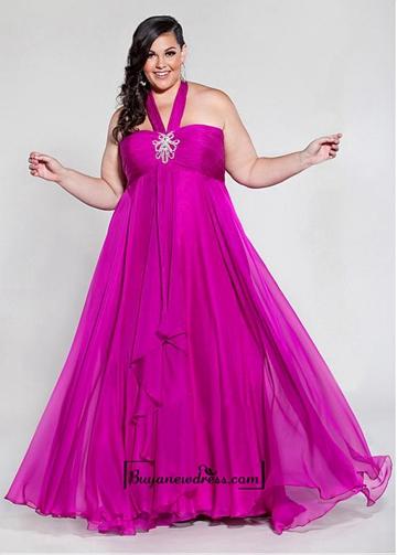 زفاف - Alluring Silk Like Chiffon Halter Neckline Floor-length A-line Plus Size Prom Dress