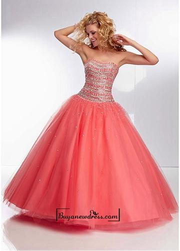 زفاف - Alluring Tulle Strapless Neckline Floor-length Ball Gown Prom Dress