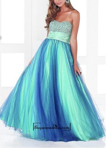 Hochzeit - Amazaing Stretch Satin & Tulle Ball Gown Strapless Empire Waist Full Length Beaded Prom Gown