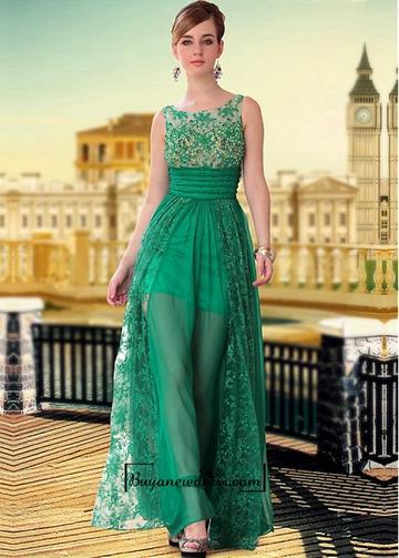 زفاف - Amazing A-line Bateua Neckline Sleeveless Full Length Beaded Formal Dresses