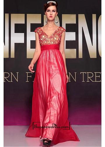 زفاف - Amazing A-line V-neck Raised Waist Red Long Pleated Evening Formal Dress