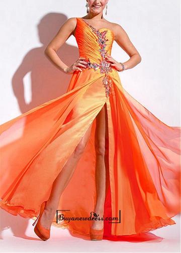 Mariage - Amazing Chiffon & Strecth Satin A-line One Shoulder Neckline Ruched Prom Dress With Beadings