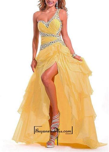 Wedding - Amazing Organza & Satin A-line One Shoulder Ruffled High Low Prom Dress With Beadings