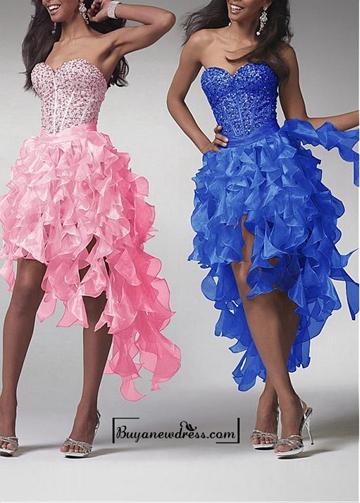 Свадьба - Amazing Satin & Organza A-line Strapless Sweetheart Beaded Bodice High Low Prom Dress With Ruffles