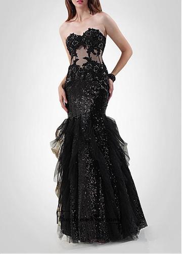 Mariage - Amazing Sequin Lace & Tulle & Satin Mermaid Strapless Sweetheart Neckline Beaded Lace Appliques Prom Dress