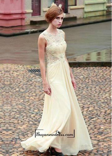 Mariage - Brilliant Chiffon & Lace Appliques A-Line Jewel Neckline Long Prom Dress