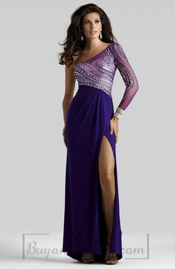 Mariage - Long Chiffon Asymmetric Waist One Shoulder A-line 3/4 Length Sleeve Prom Dress