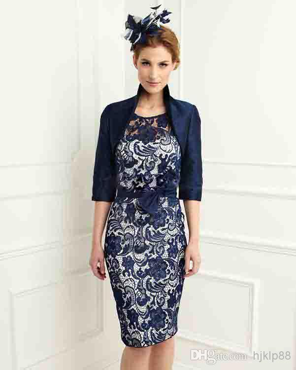 Свадьба - Discount New Navy Blue Satin Lace Knee Length Sheath Scoop Mother of the Bride Dresses With 3/4 Sleeves Jacket Mother Dress Plus Size Online with $76.97/Piece 