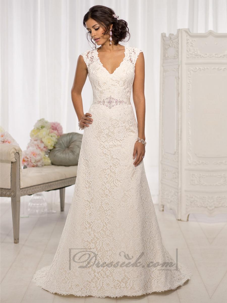 Свадьба - Elegant Cap Sleeves V-neck A-line Wedding Dresses with Illusion Back