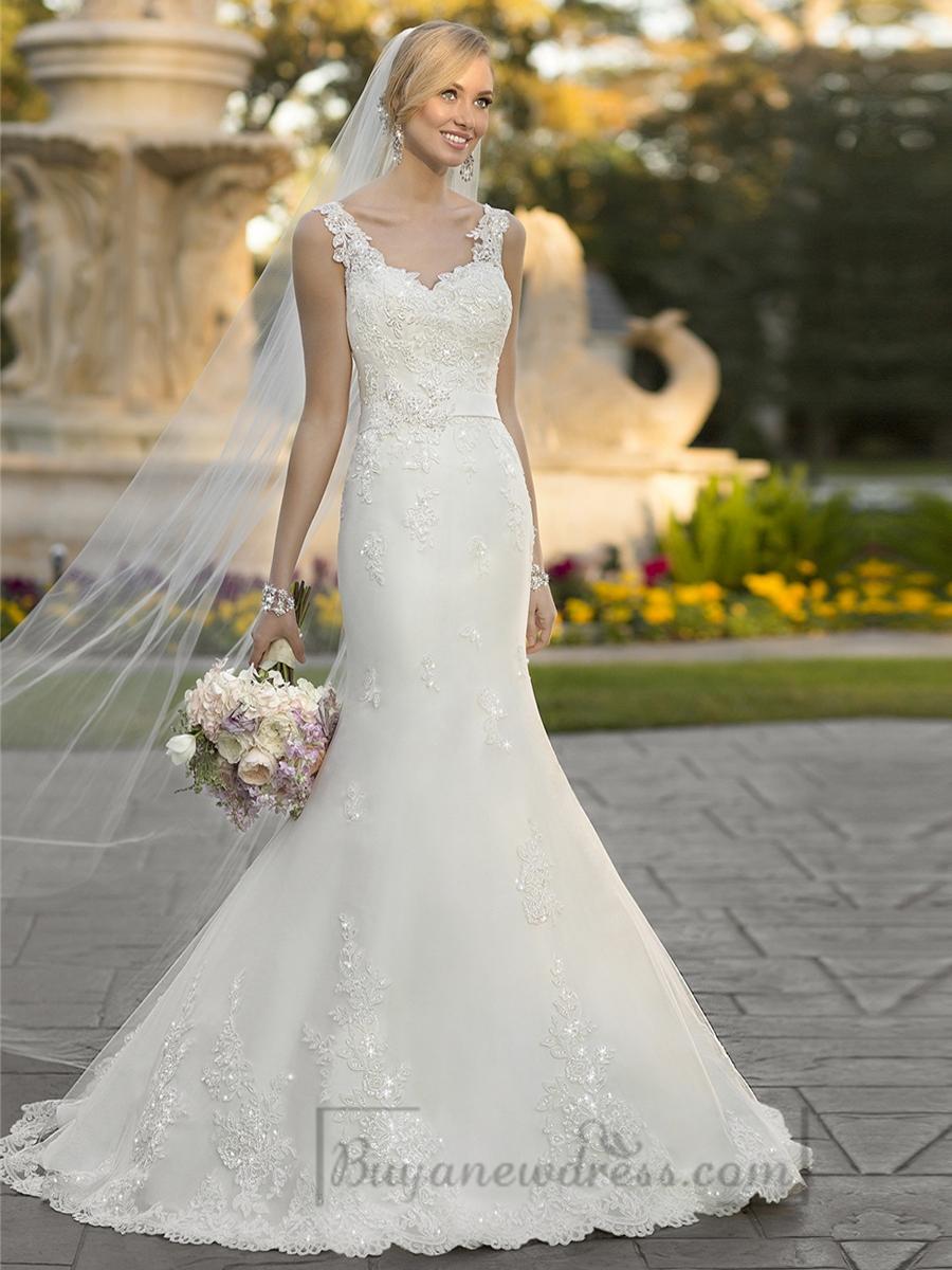 زفاف - Straps Lace Appliques Trumpet Mermaid V-back Wedding Dresses