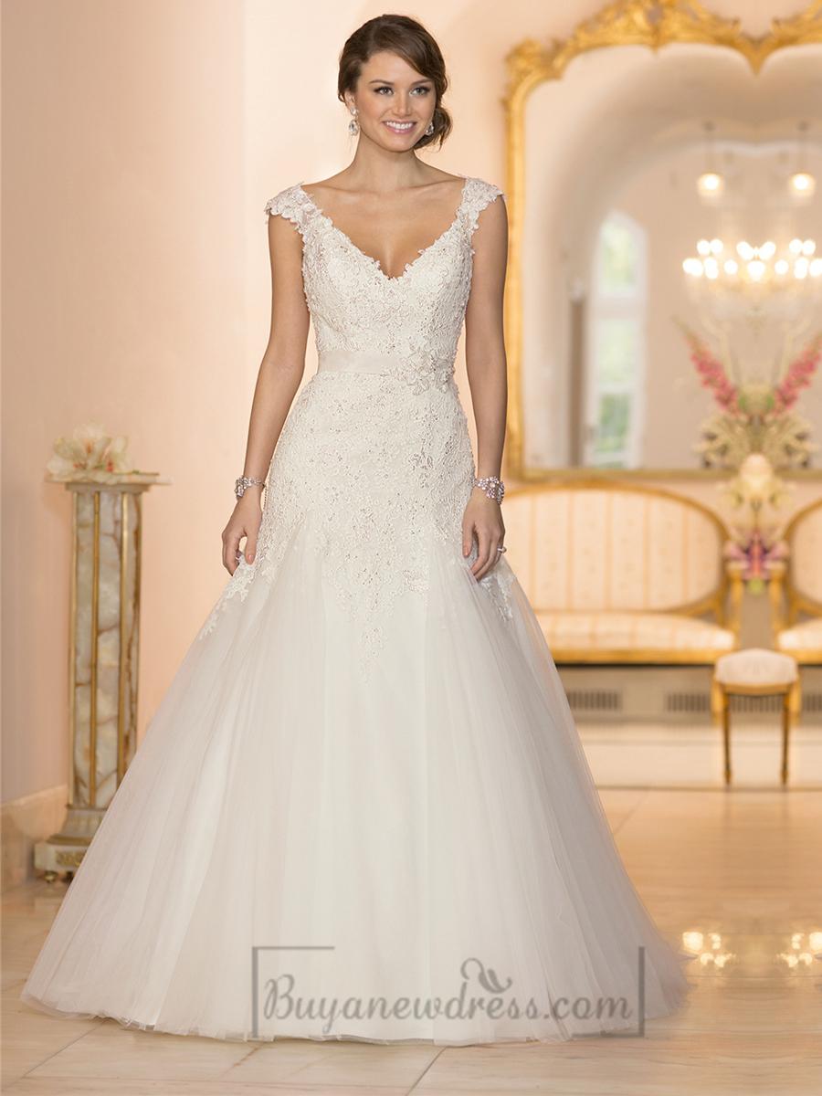 Mariage - Cap Sleeves V-neck A-line Lace Beaded Deep V-back Wedding Dresses