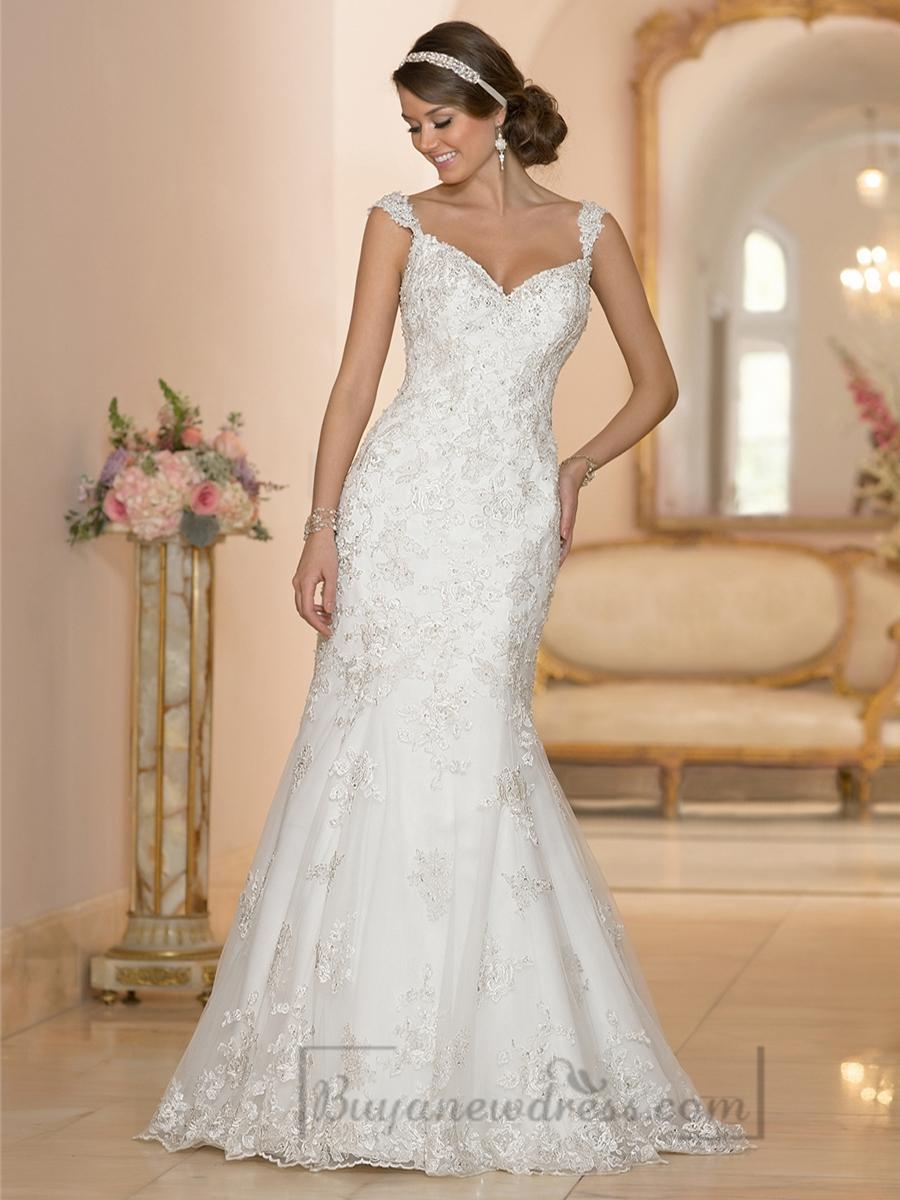 Mariage - Fit and Flare Sweetheart Lace Appliques Wedding Dresses with Deep V-back