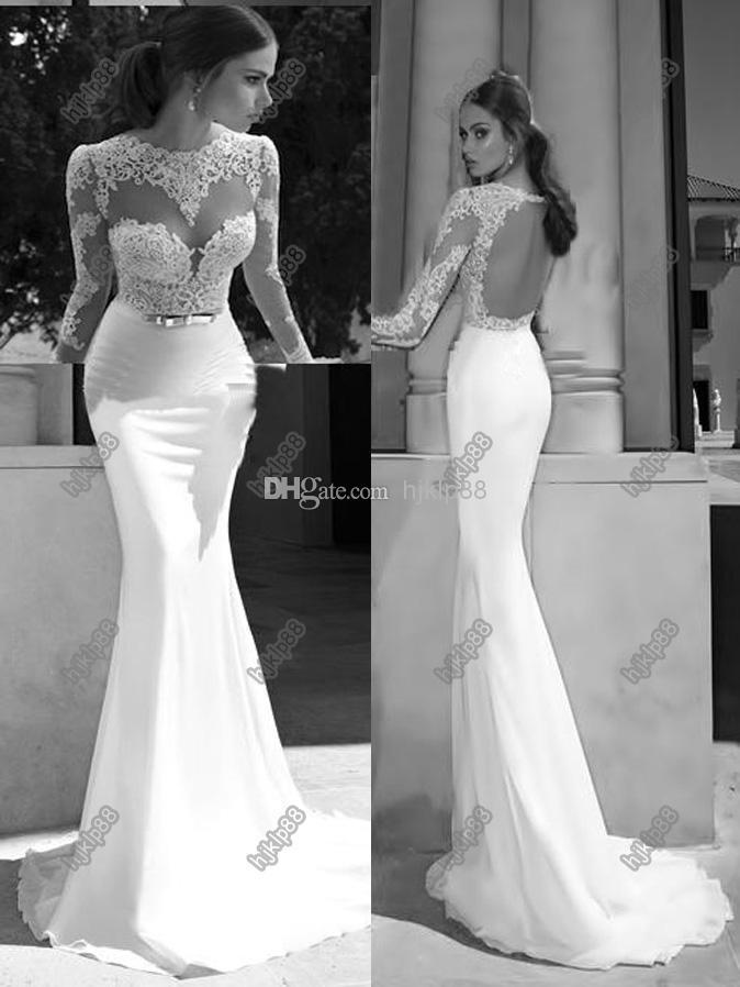 Mariage - Cheap Berta Bridal - Discount Berta 2014 New Sheer Illusion Bateau Open Back Applique Gold Sash Sweep Train Mermaid Backless Evening Dresses Bridal Gowns Prom Dresses Online with $113.58/Piece 