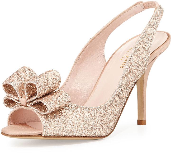 Mariage - Kate Spade New York Charm Glittered Bow Slingback, Rose Gold