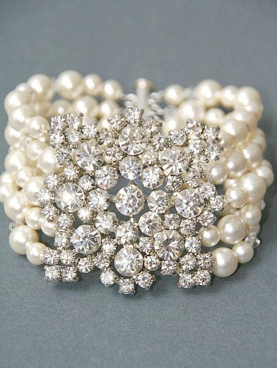 Hochzeit - Until Sept 5) Bridal Bracelet. Vintage Style Bridal Crystal Pearl Wedding Cuff Brooch Bracelet, Wedding Jewelry , Pearl Vintage Br