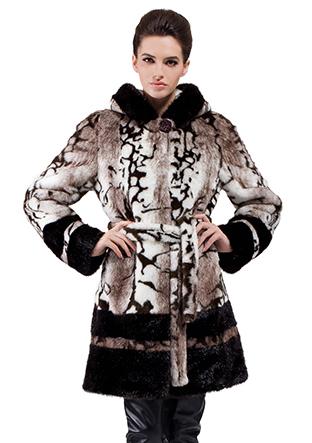 Wedding - Faux marble pattern mink fur middle with hood women coat