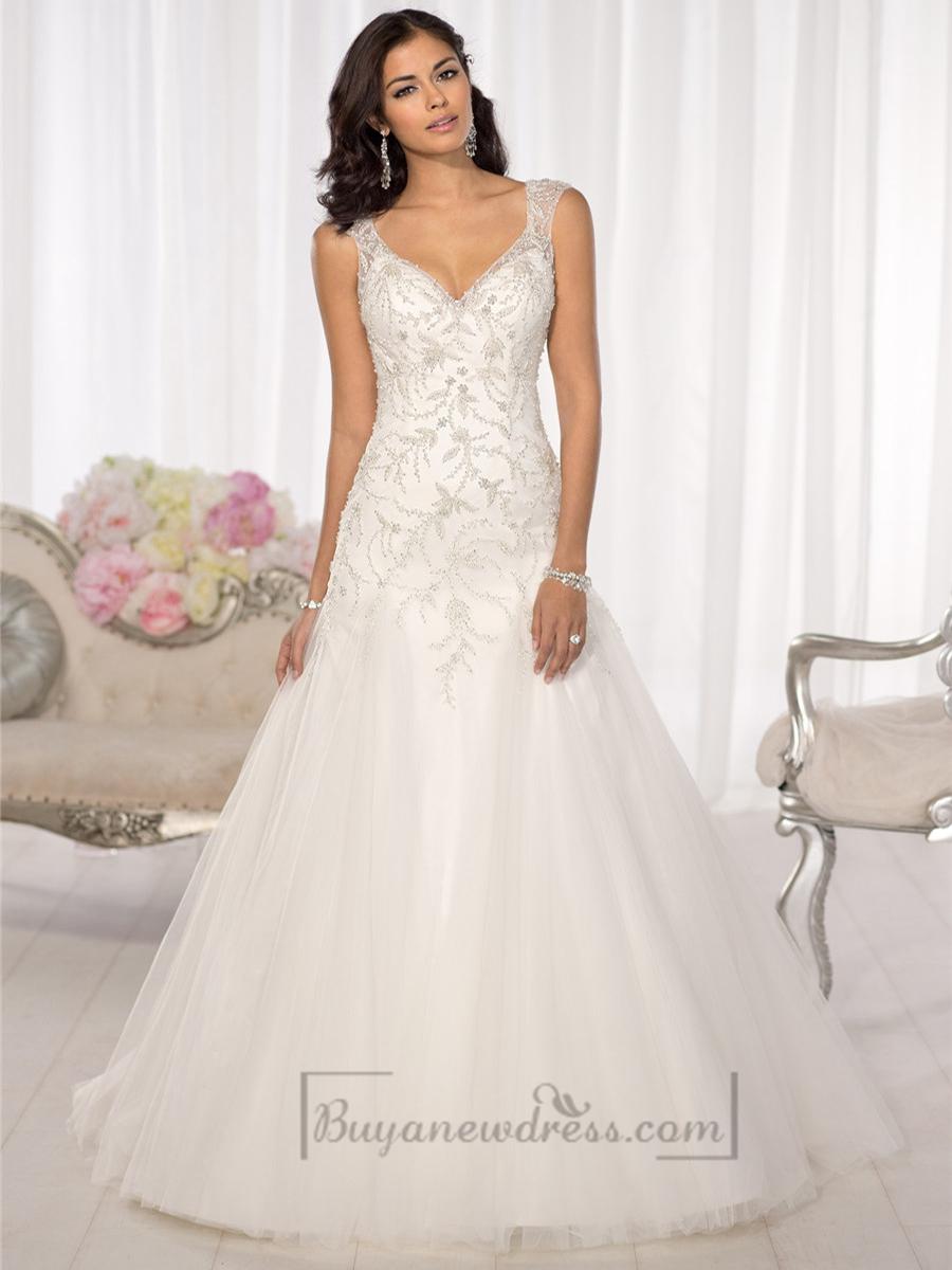 زفاف - Elegant Beaded Cap Sleeves Sweetheart Embellished Wedding Dresses with Low V-back