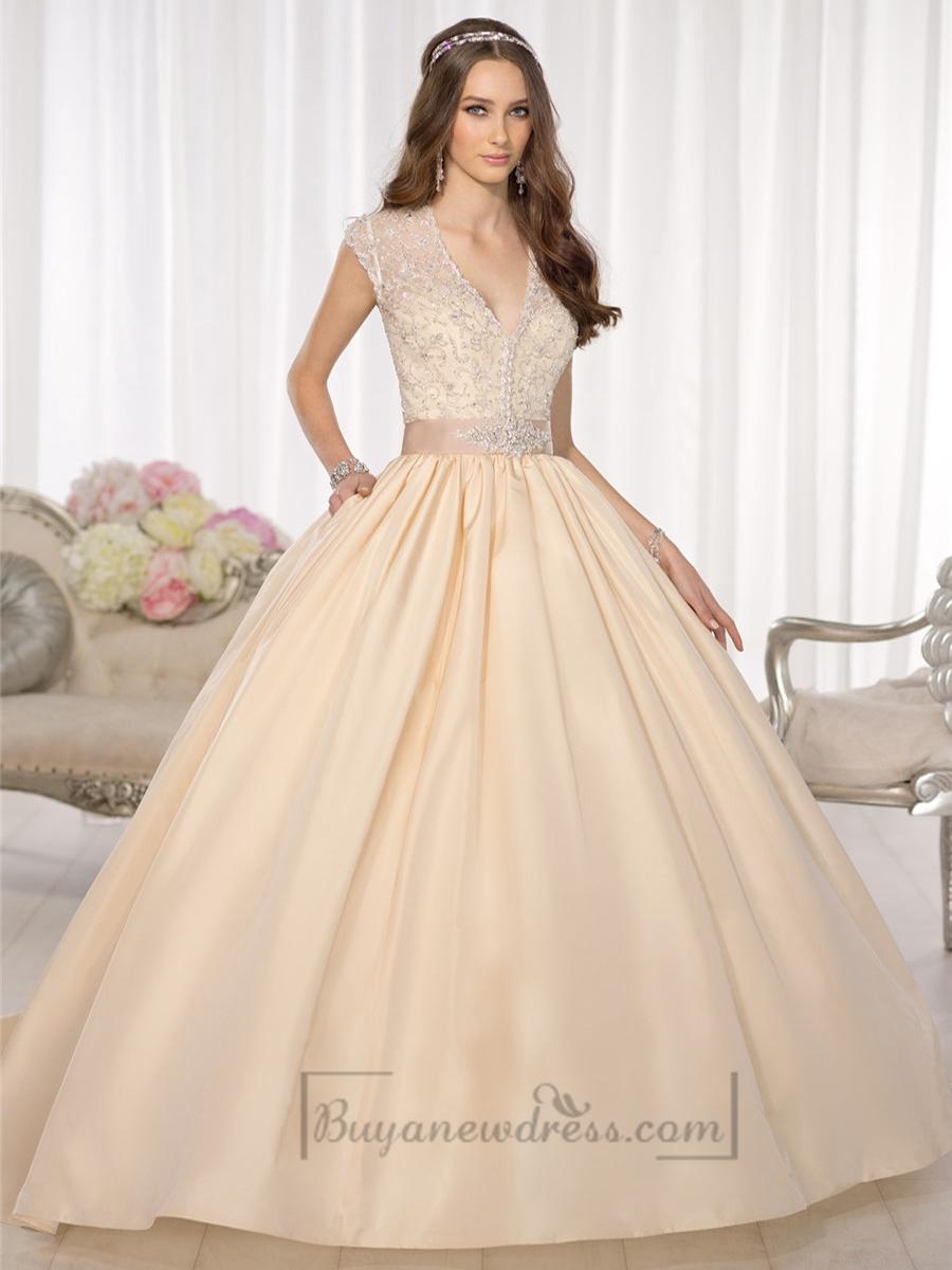 زفاف - Elegant Cap Sleeves V-neck Princess Ball Gown Wedding Dresses with Beaded Illusion Jacket