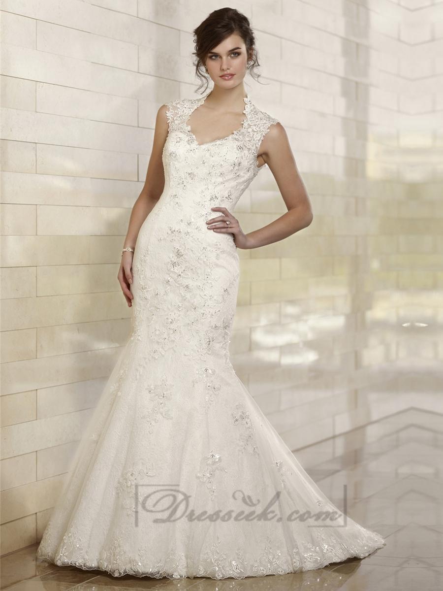 Mariage - Fit and Flare Queen Anne Neckline Embroidered Wedding Dresses with Keyhole Back