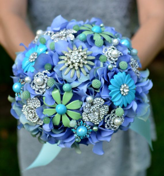 Hochzeit - Something Blue Vintage Brooch Bouquet -- Ready To Ship Wedding Bouquet