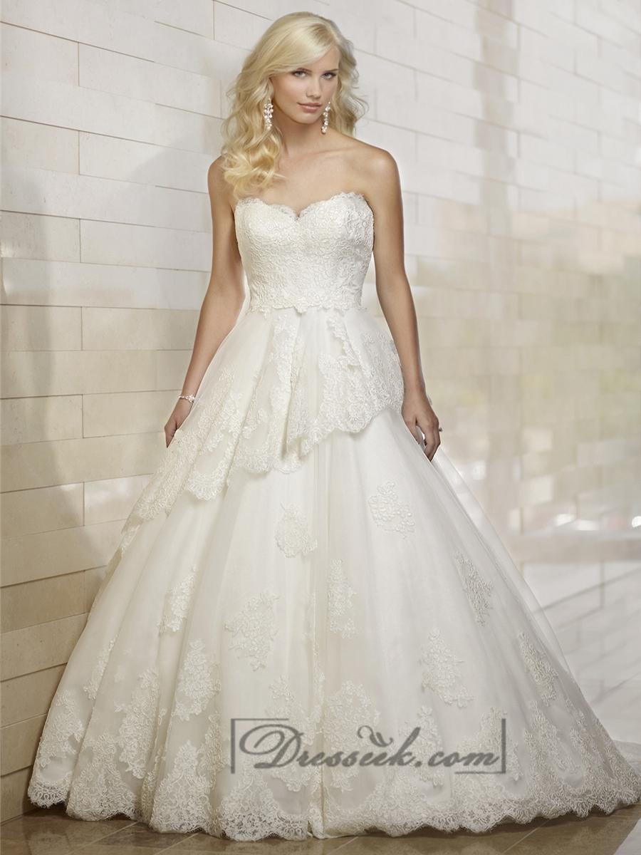 Hochzeit - Strapless Semi Sweetheart Lace Ball Gown Wedding Dresses