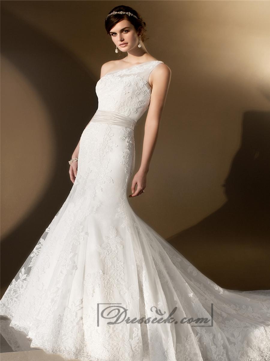زفاف - Elegant Asymmetrical One-shoulder Trumpet Lace Wedding Dresses