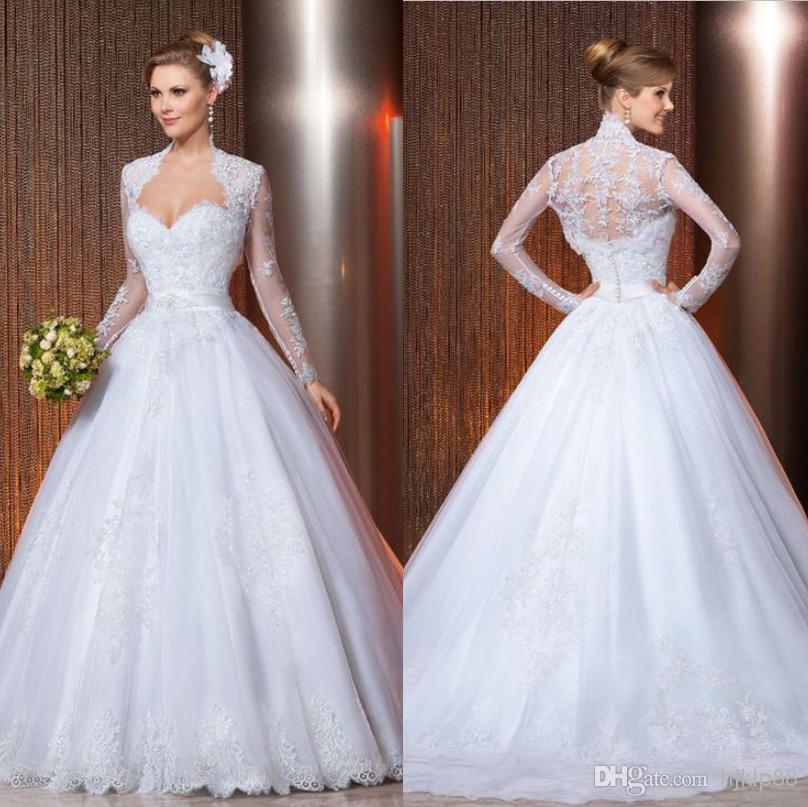 Hochzeit - Discount 2014 New Arrival Vestidos De Noiva Sweetheart with Long Sleeves Jacket Bolero Lace Ball Gown Bridal Dress Wedding Dress Online with $125.66/Piece 