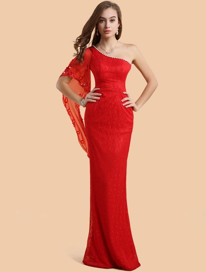 Mariage - Sheath Column One Shoulder Floor Length Red Evening Dress