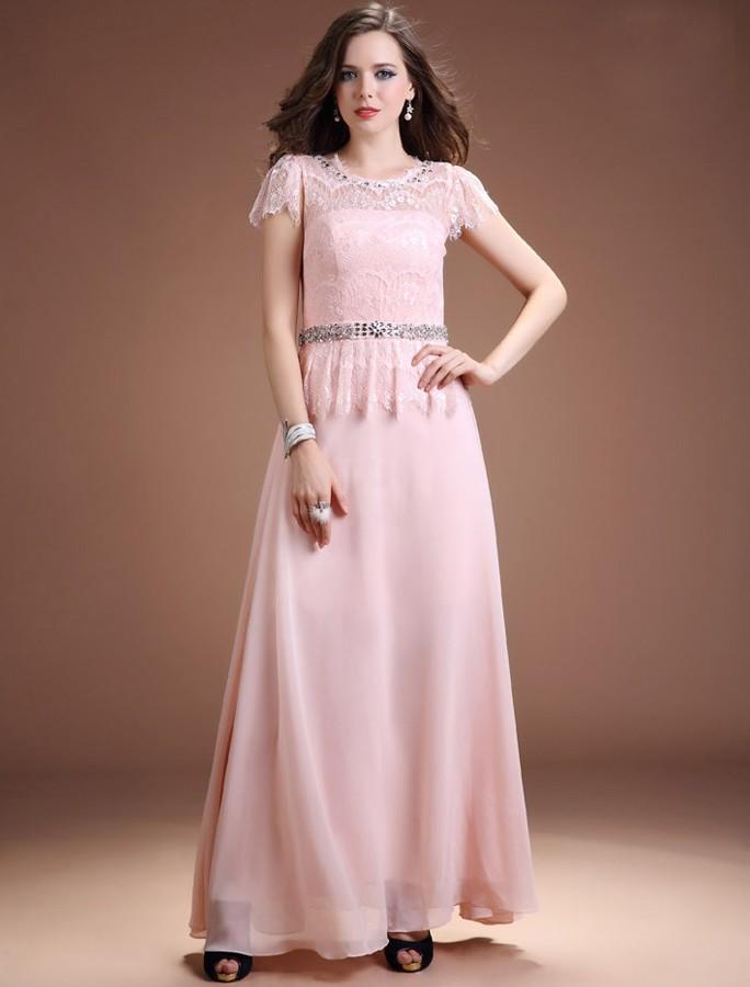 Mariage - A Line Jewel Floor Length Pink Evening Dress
