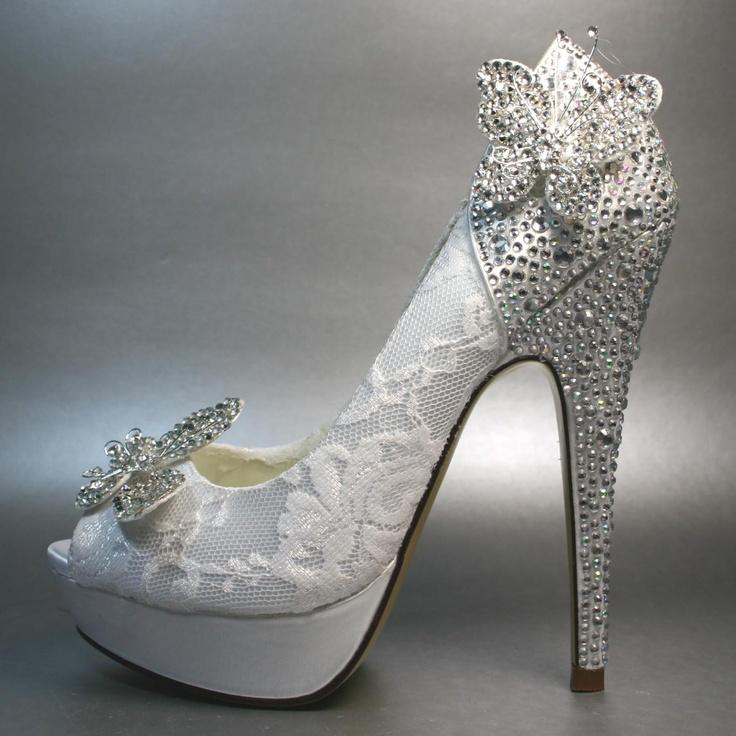Hochzeit - Wedding Shoes -- White Platform Peeptoe With Silver Crystals On Heel And Silver Crystal Butterfly