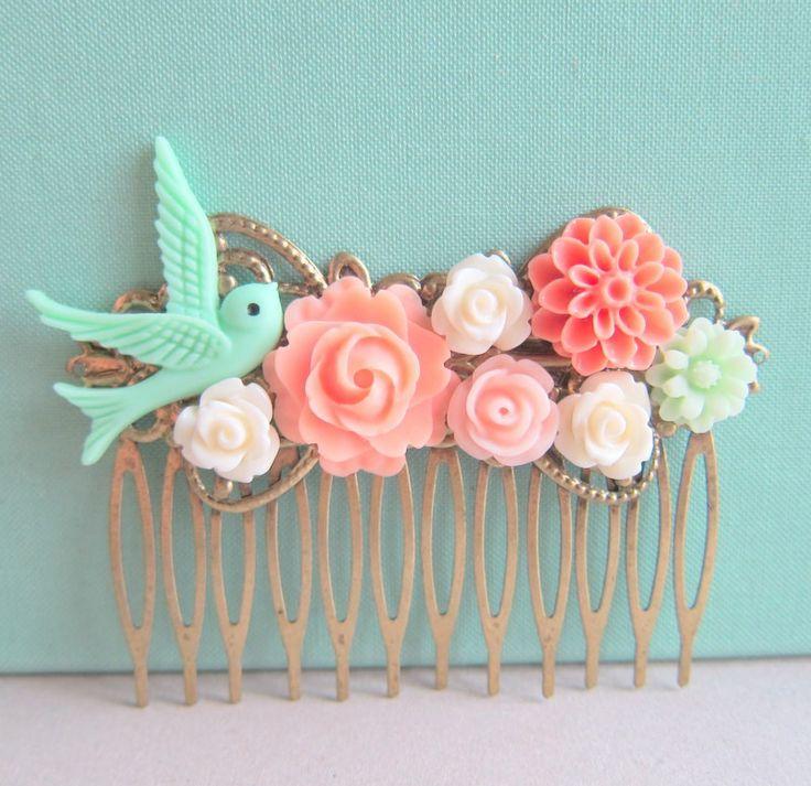 Mariage - Coral Mint Green Wedding Hair Comb Bridesmaid Gift Peach Pink Mint Bridal Head Piece Floral Flower Bird Pastel Colors Soft Romantic