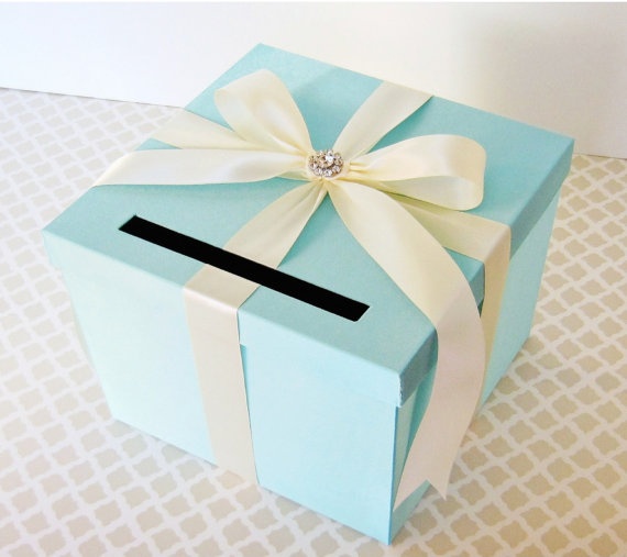 زفاف - Wedding Card Box Tiffany Aqua Blue Money Holder Customizable