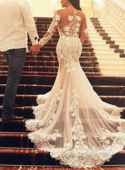 زفاف - new sheer tulle with lace long sleeved flare mermaid prom wedding dress